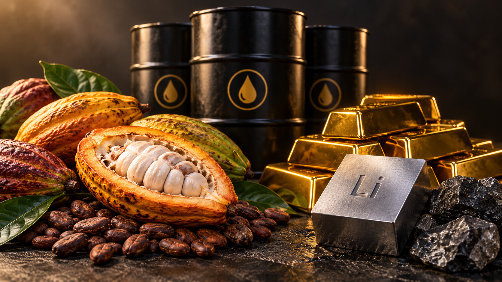 Cocoa, gold bullion, oil barrels and lithium representing Ghana's commodity portfolio