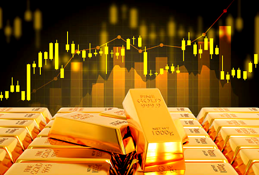 Gold bullion with a gold market price chart in the background