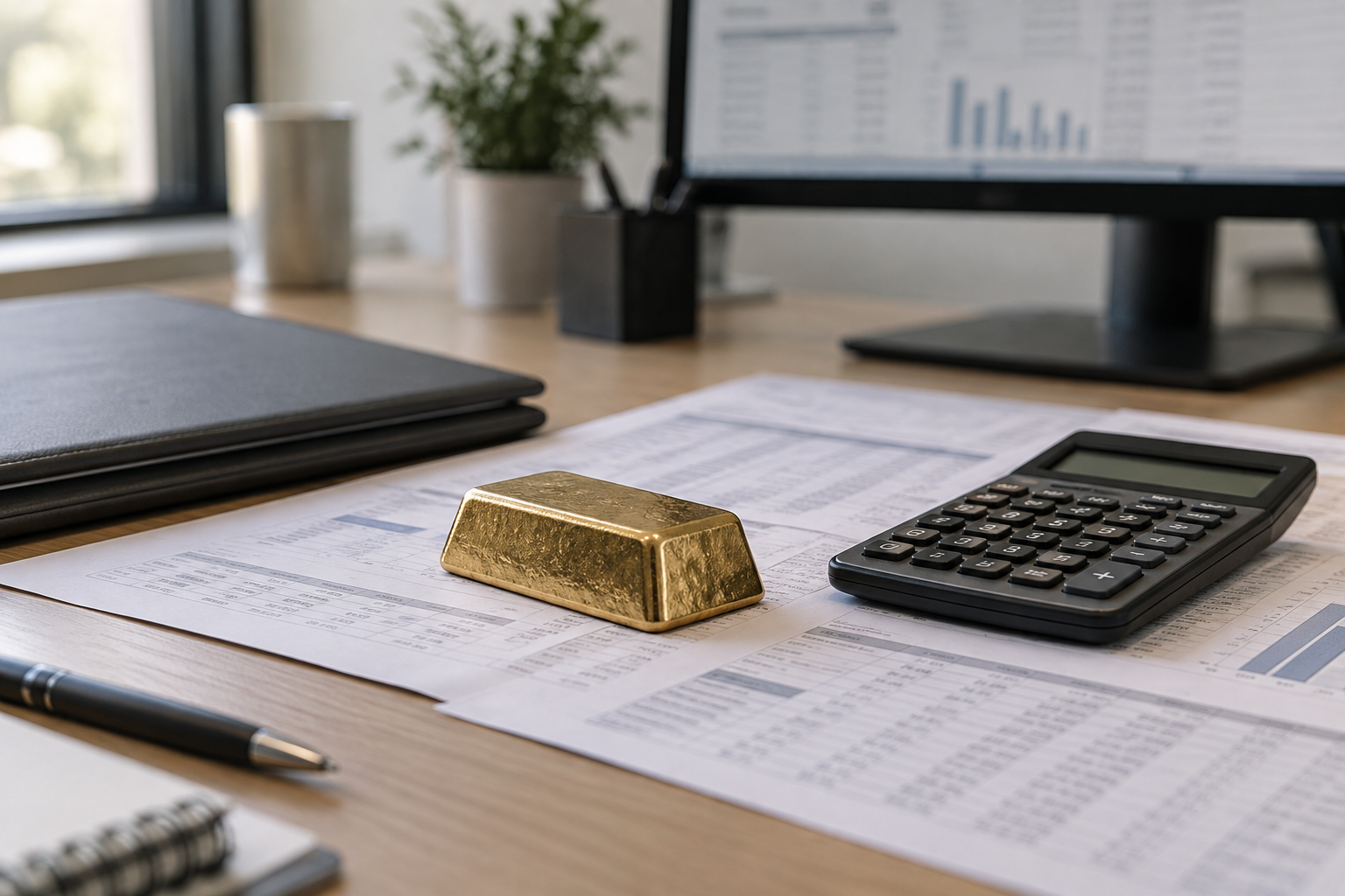 AI-generated illustration of gold bullion, a calculator and financial schedules on a treasury desk